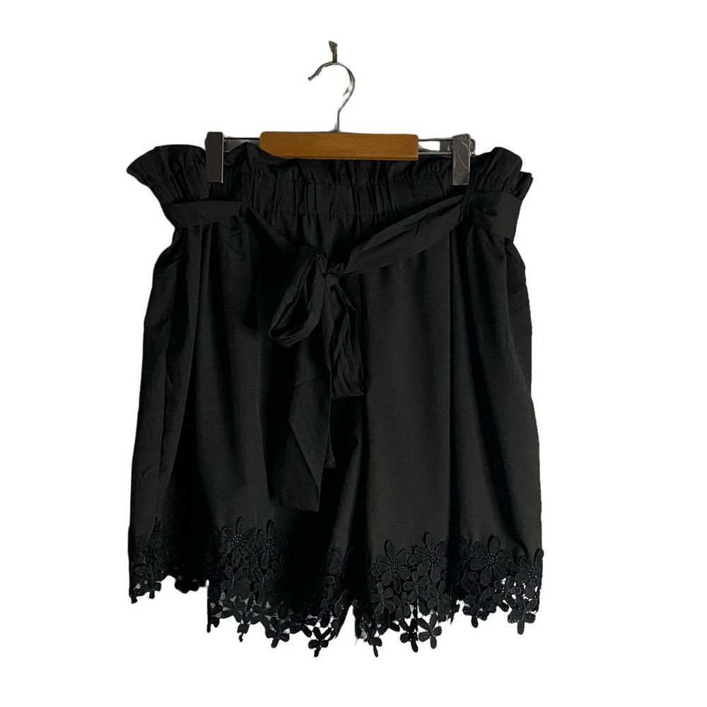 Paper Bag Women's Black High Waisted Belted Floral Laced Shorts